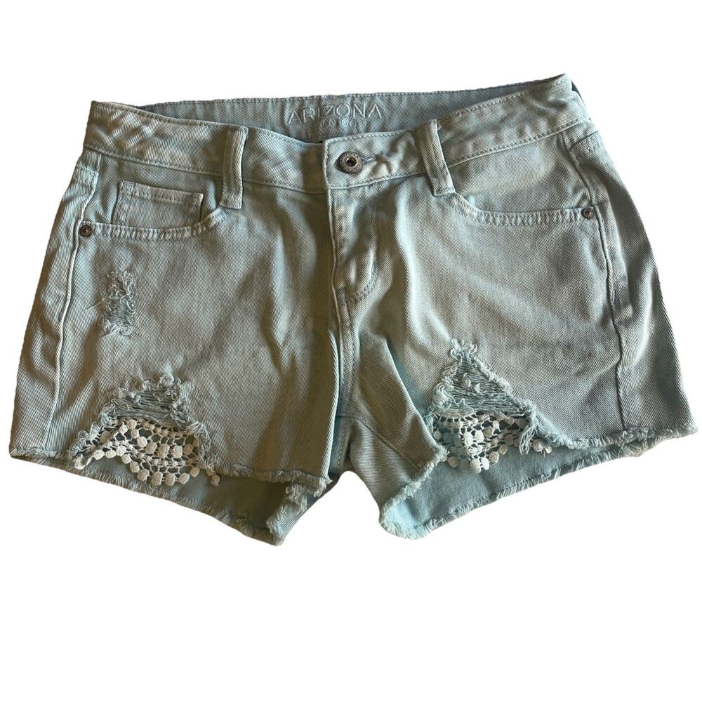 Arizona Jeans Co Denim Shorts Juniors 3 Aqua Blue Cut Off Lace Accent 28” Waist